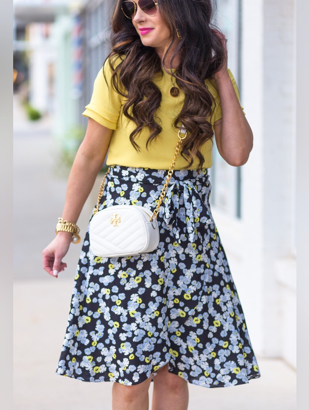 Floral A-Line Tie-Waist Skirt in Black and Blue